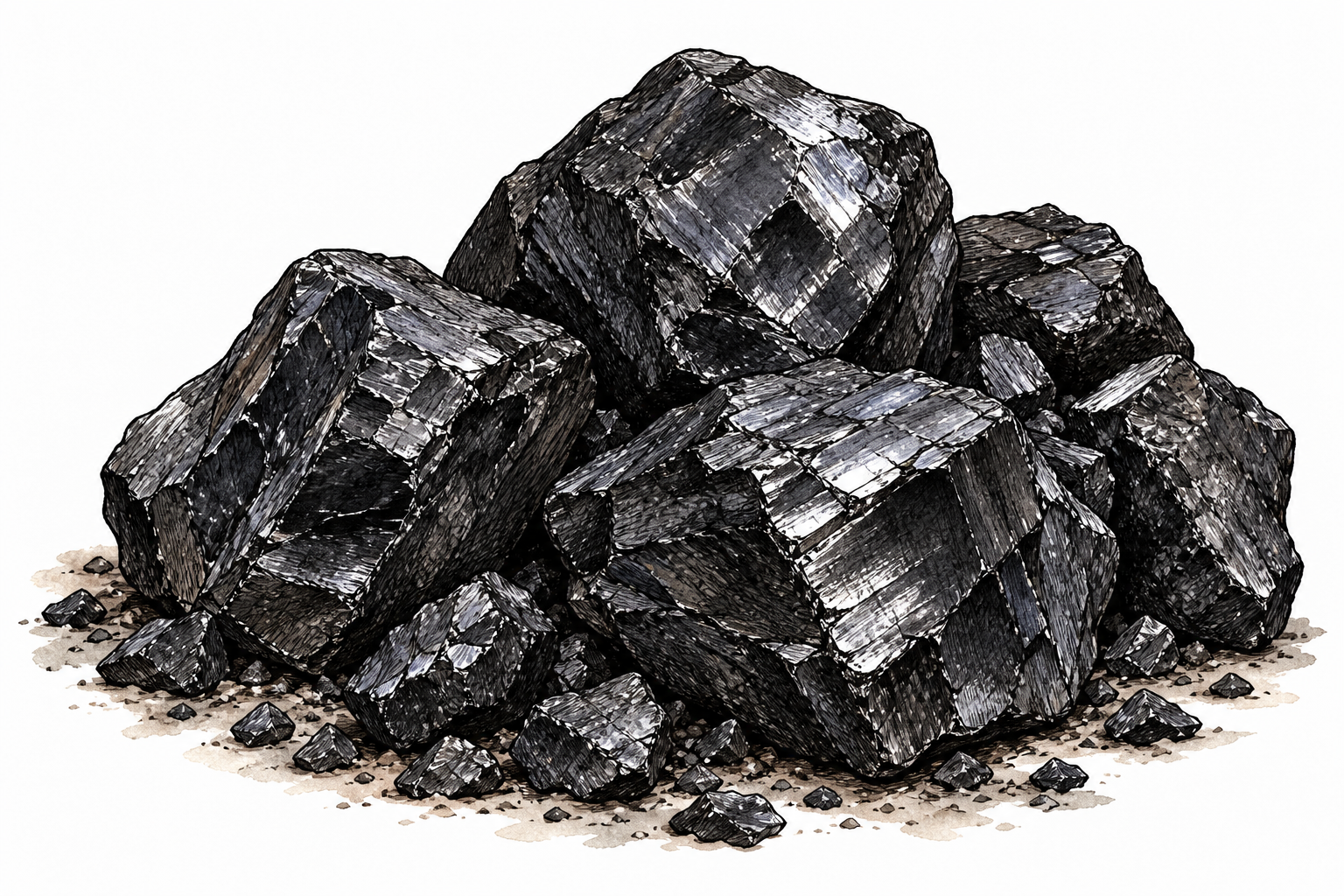 A close-up pile of hard shiny black anthracite coal with metallic luster and angular fracture surfaces, distinct dense coal texture, no words or labels.
