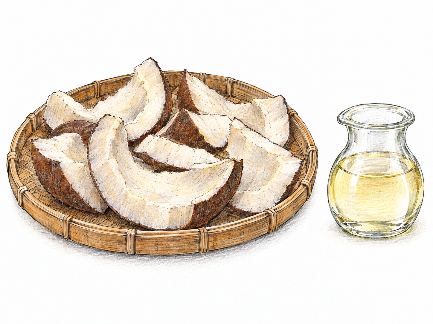 A close still life of dried coconut flesh: thick, irregular curved pieces with ivory interiors and thin brown skin, spread on a shallow drying tray beside a small clear vessel of coconut oil.