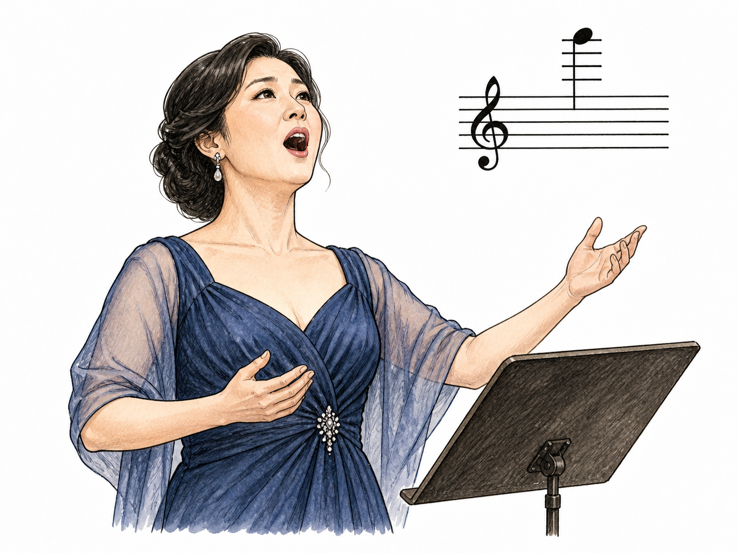 Adult woman soprano sings a high note with open mouth and poised posture, one small treble-staff fragment beside her with a single high musical note as functional notation, no words, simple recital.