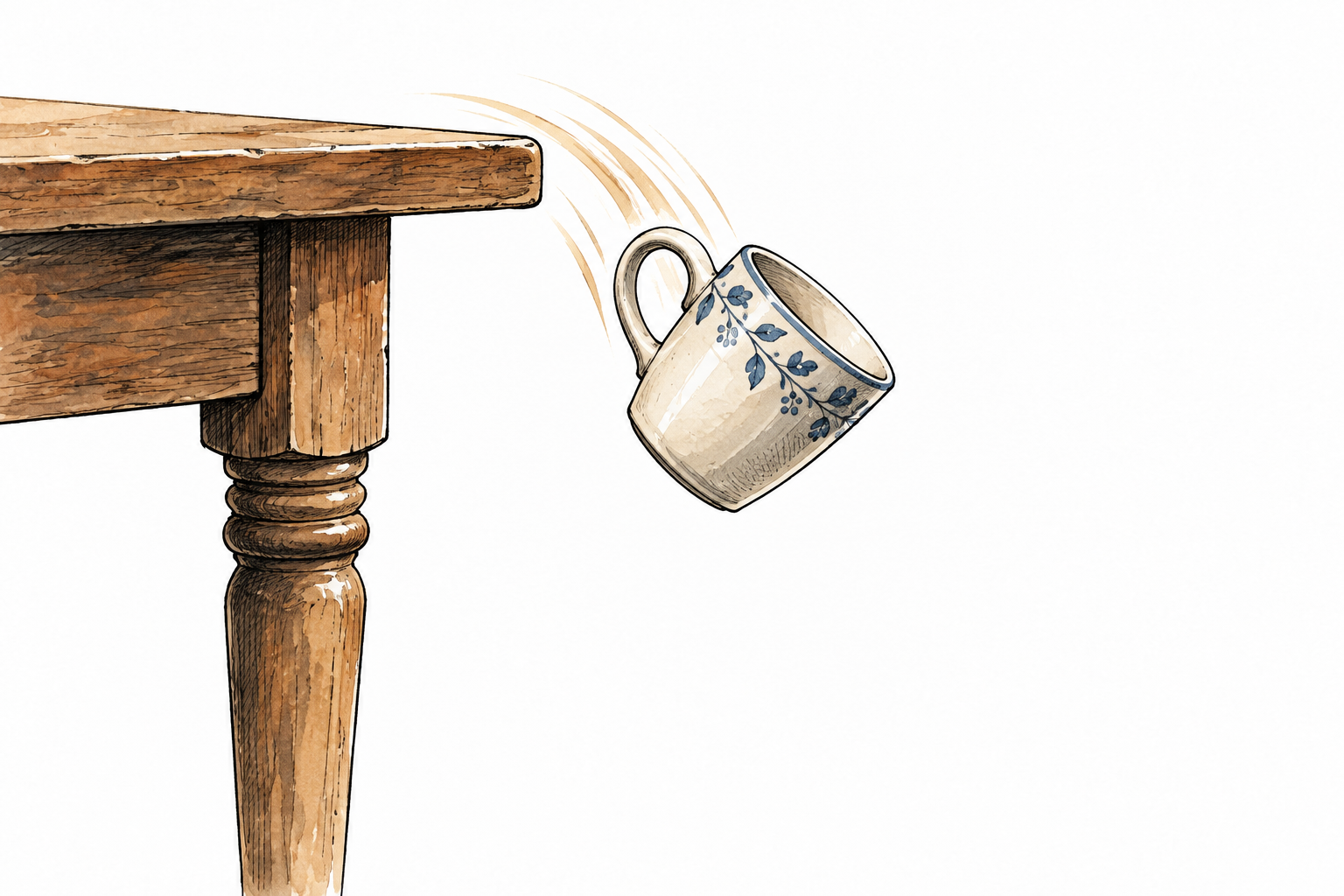 A ceramic cup slips off a table edge and descends through air, clear gravity and intact cup, no text.
