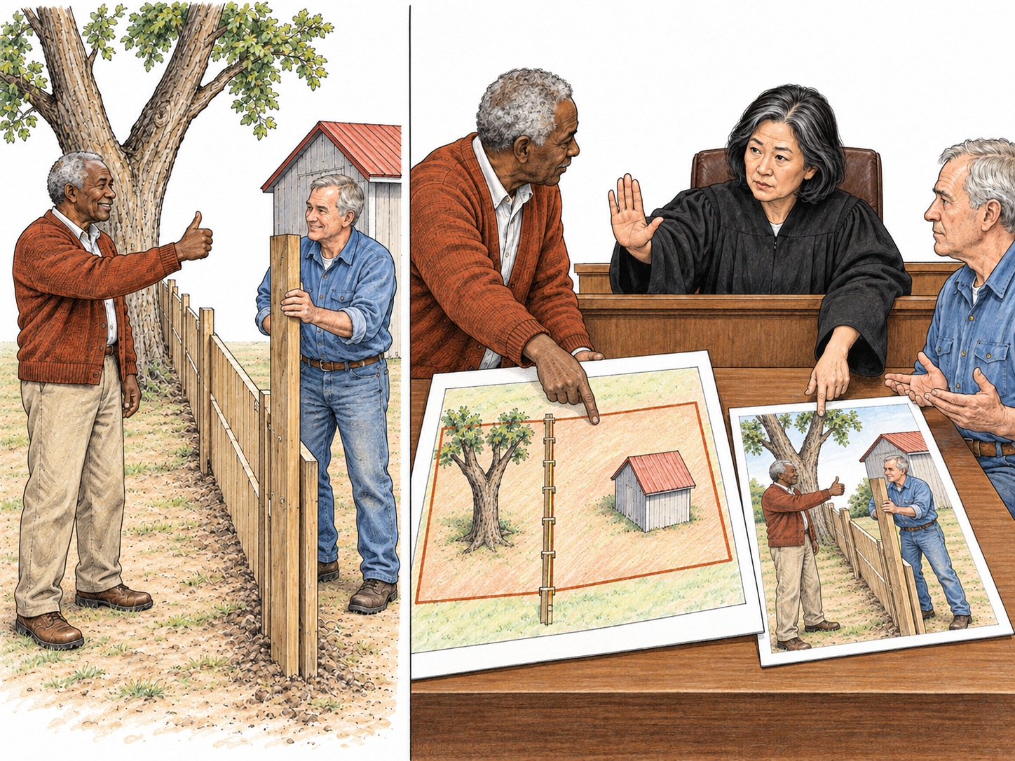 A two-part sequence shows a property owner visibly approving a neighbor's fence placement, then being stopped by a judge when he tries to claim the same fence crosses onto his land.