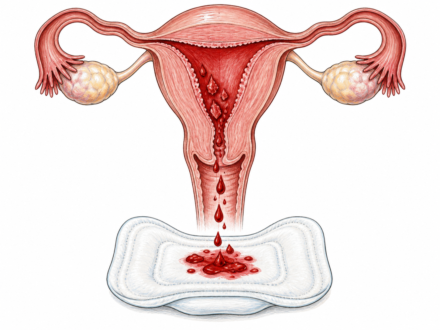 A clean respectful medical illustration of the uterus and upper reproductive tract, with a small dark-red area of shedding endometrial lining and a restrained downward flow toward a folded menstrual pad beneath; neutral clinical framing, no external genitalia or erotic context, no labels.