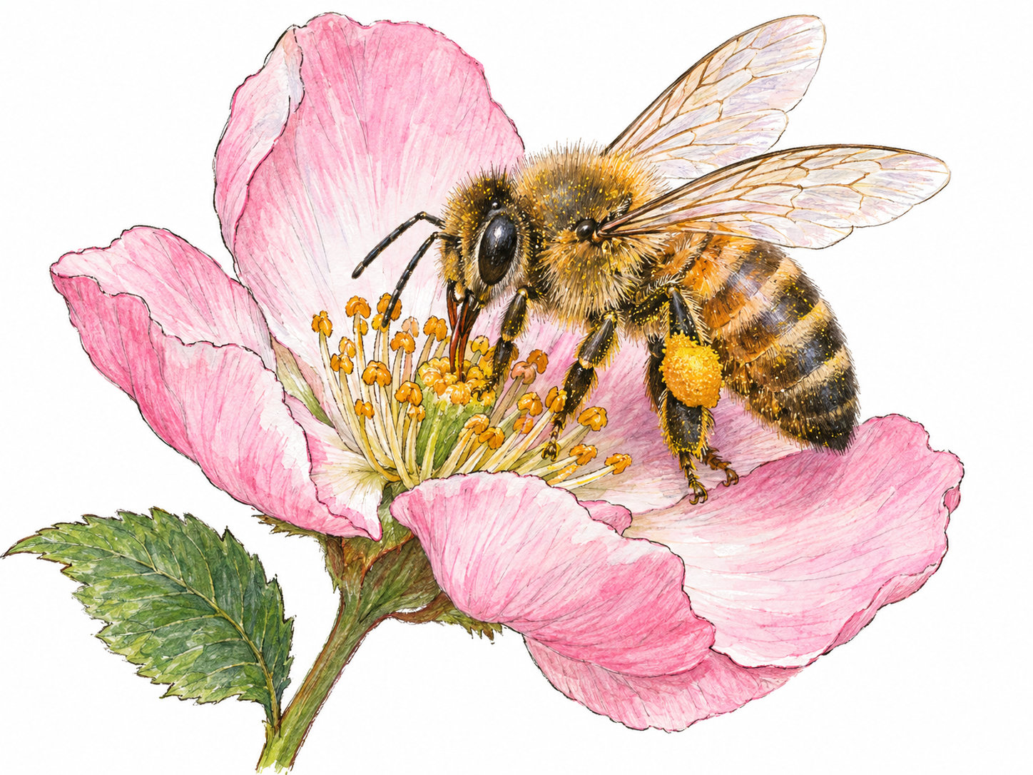 An enlarged honeybee collecting nectar from an open flower, with visible pollen packed onto its hind legs and translucent wings held open.