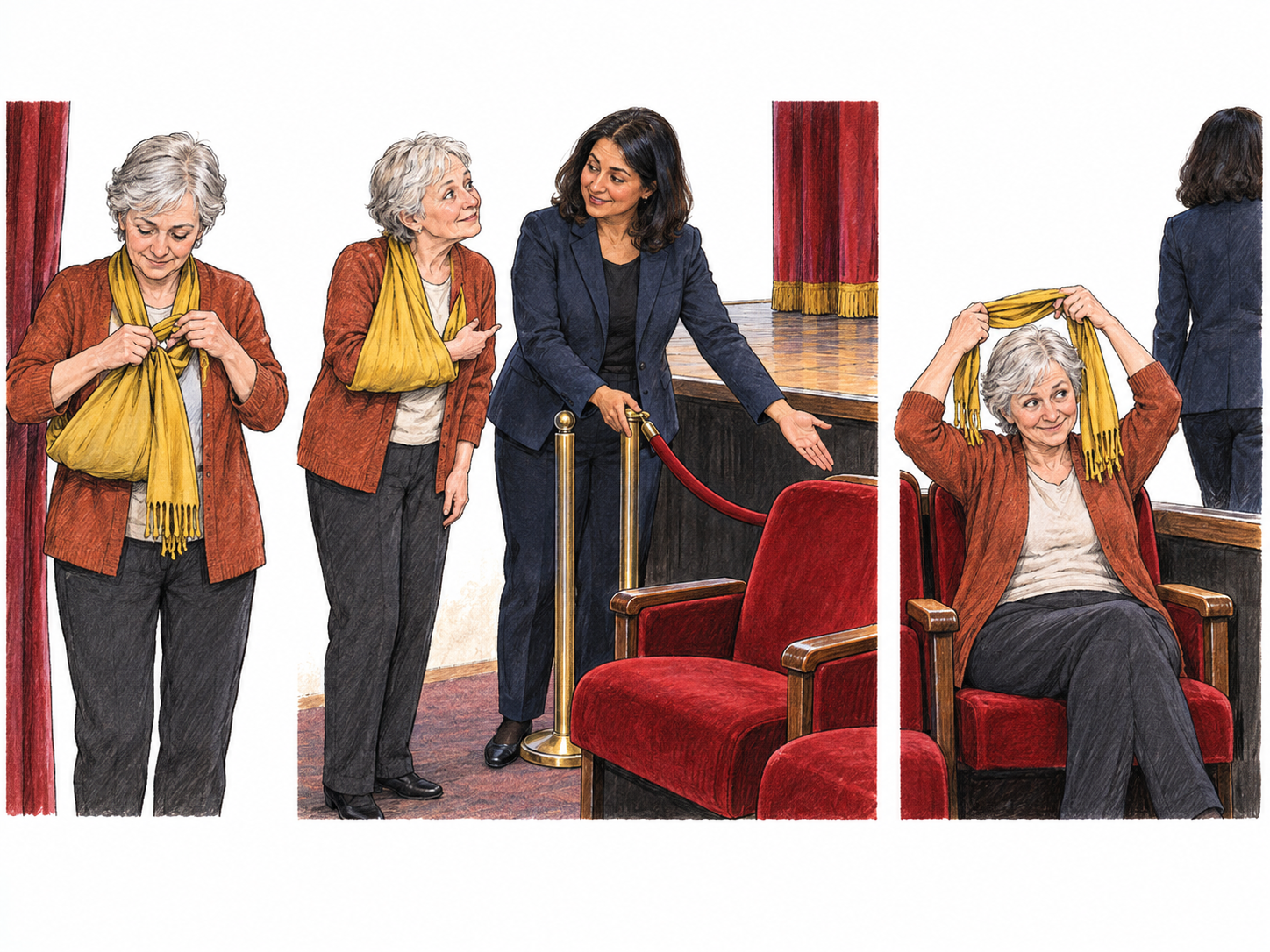 A theatergoer uses a makeshift arm sling to wangle a better seat, then removes the sling once the usher has seated her.