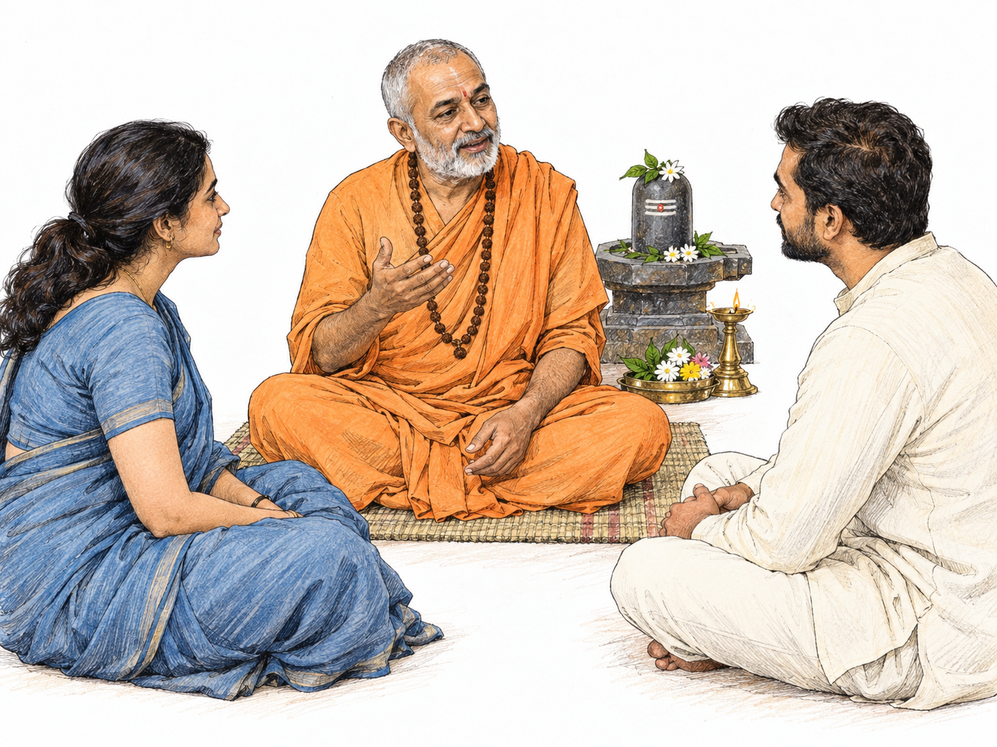 A Hindu swami in saffron monastic robes teaches two attentive adult disciples beside a small, recognizable Shiva shrine.