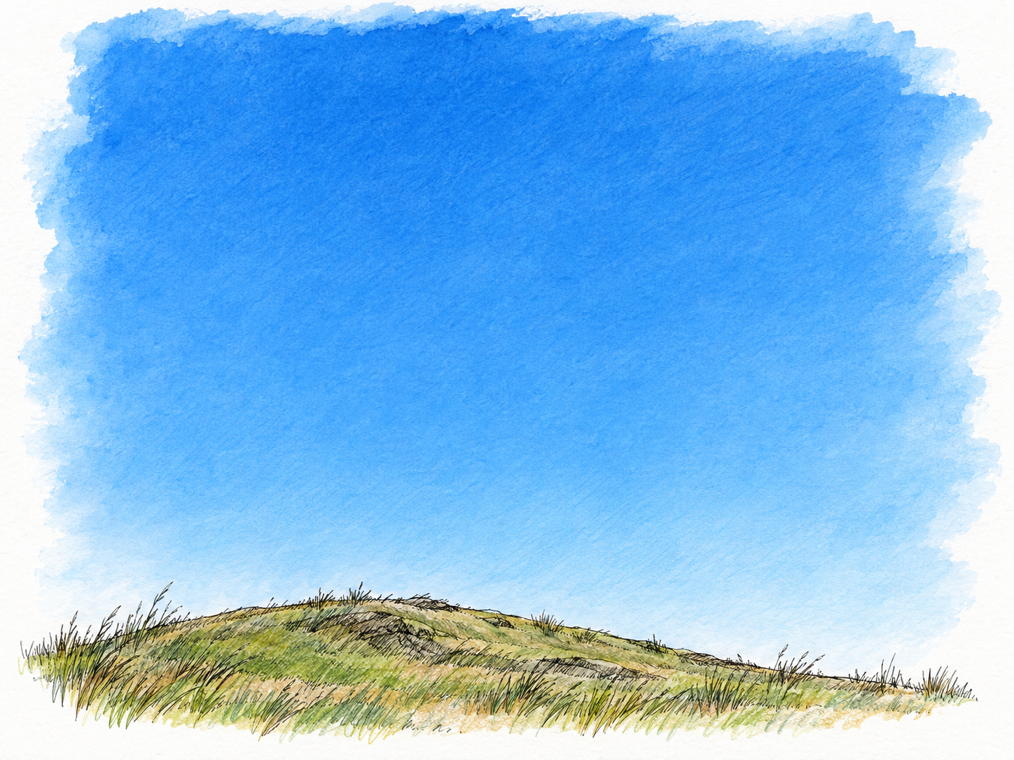 A simple view of a clear, deep-blue sky above a low grassy ridge, with the sky as the dominant color cue and no people.