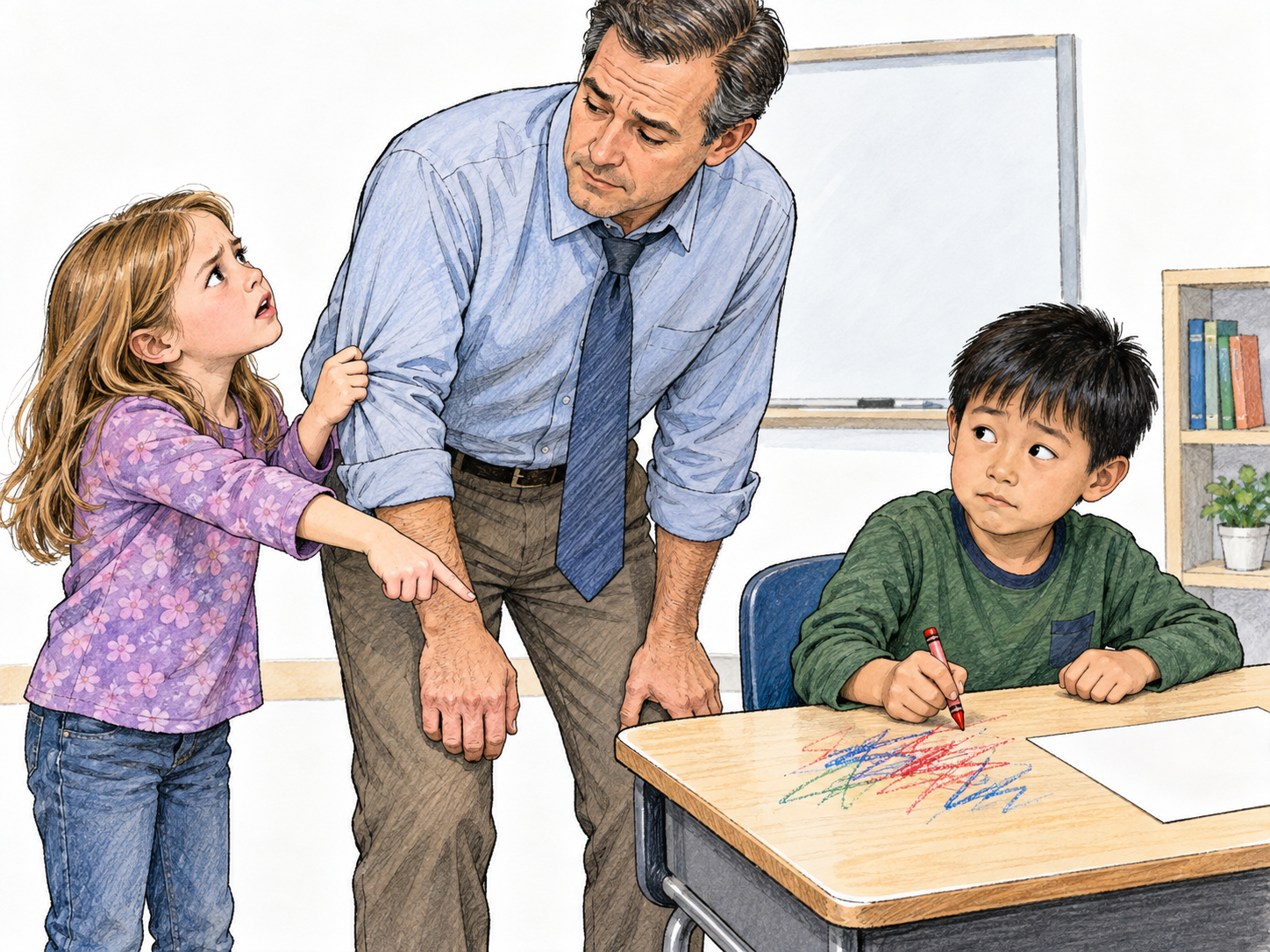 A schoolgirl insistently draws her teacher's attention to a classmate scribbling directly on his desktop.