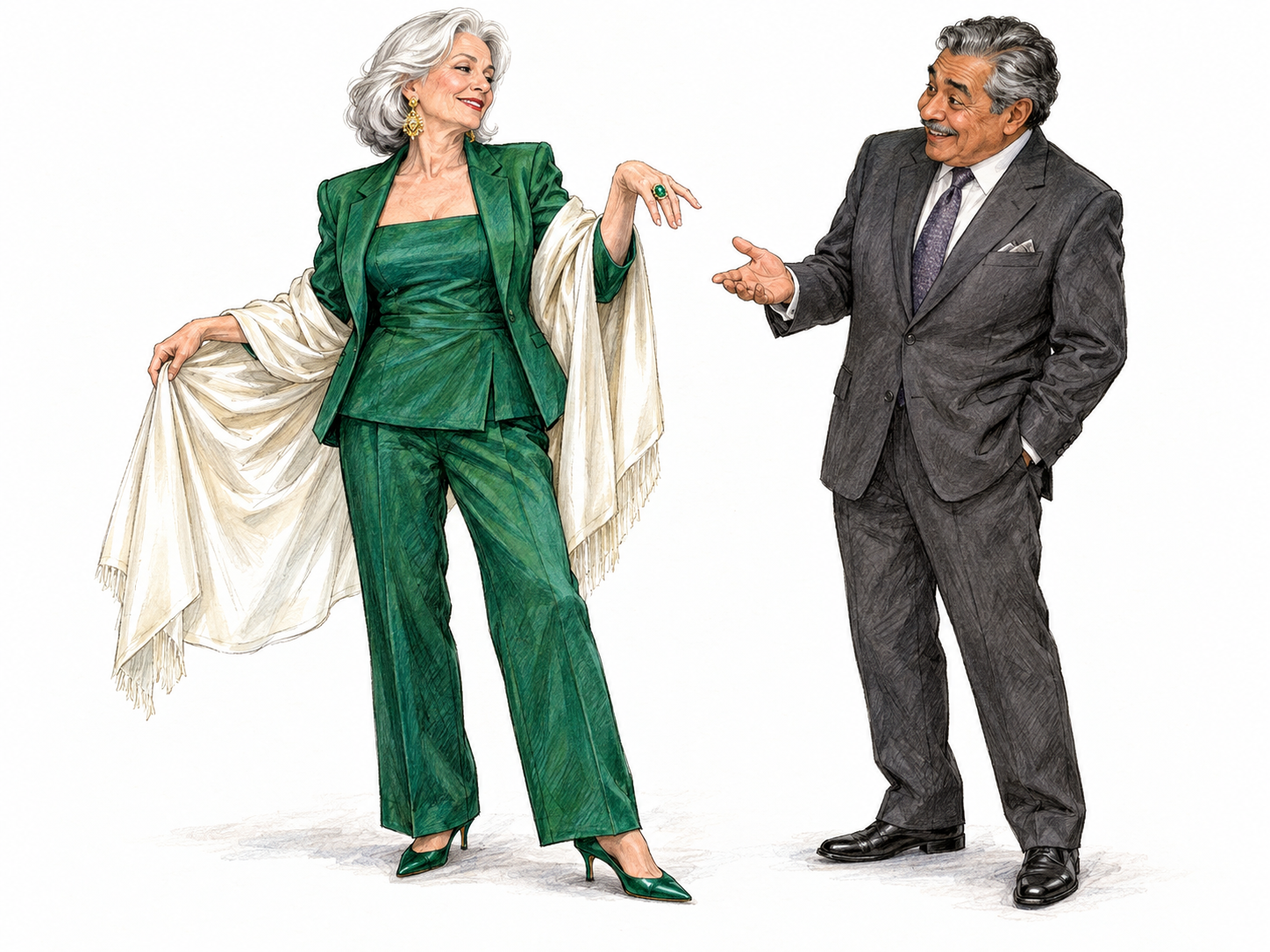 An elegantly dressed older woman makes a conspicuous display of her luxurious outfit and jewelry to an admiring older man, emphasizing showy style rather than simple elegance.