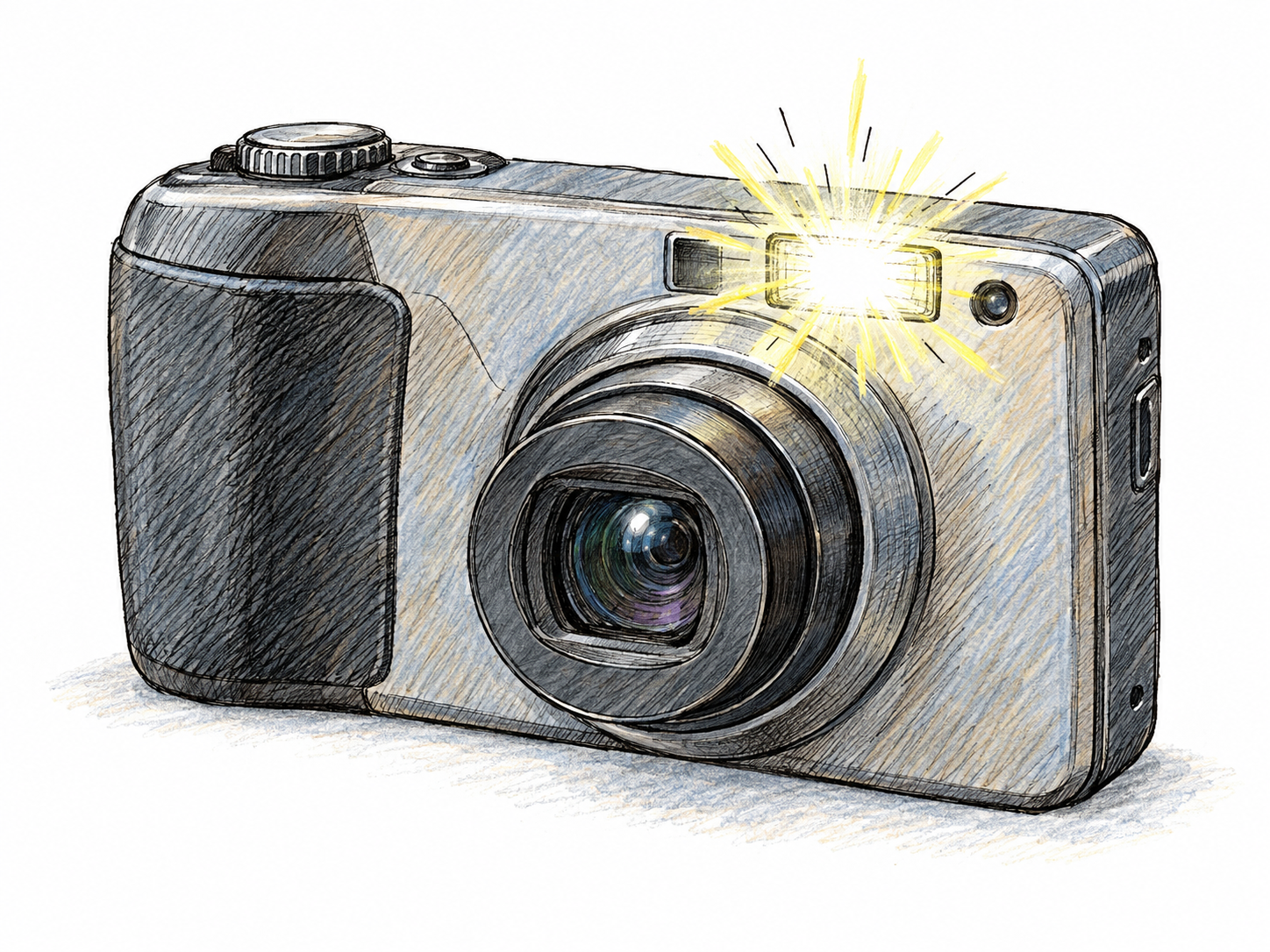 A compact camera with its built-in flash firing, showing a sudden, concentrated burst of light against a mostly white background.