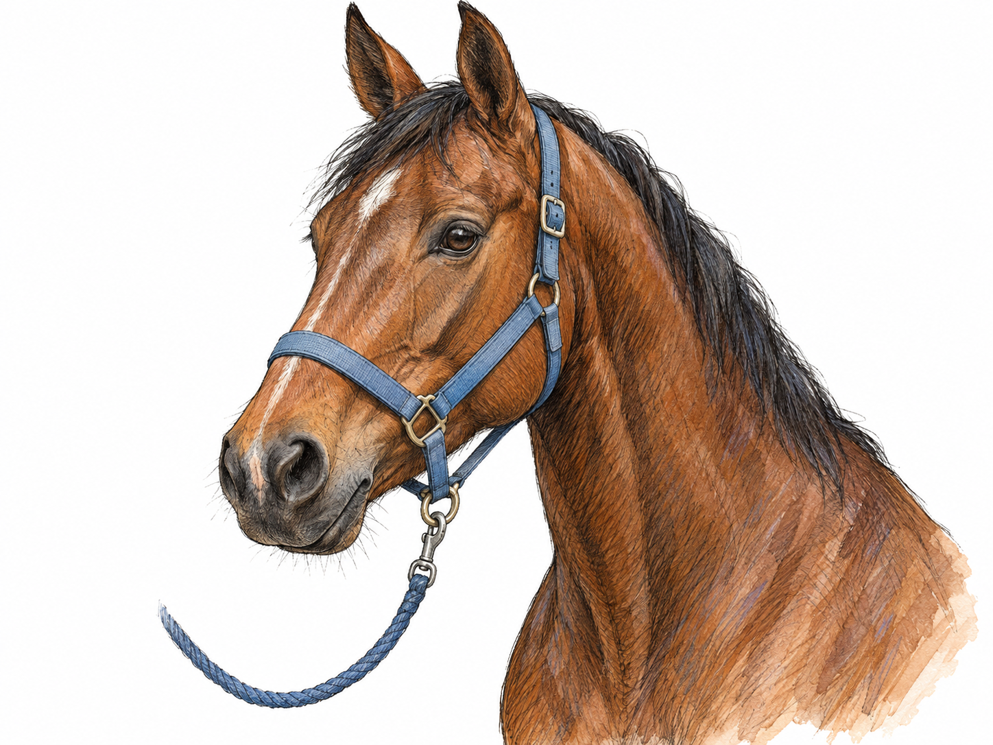 A calm horse shown in a clear three-quarter head-and-neck view wearing a plain strap halter, with a lead rope clipped to the ring beneath its jaw.