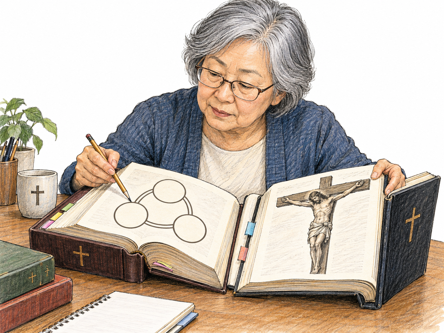 An older scholar compares two religious reference volumes at a desk, studying a Christian doctrinal diagram rather than praying or conducting worship.