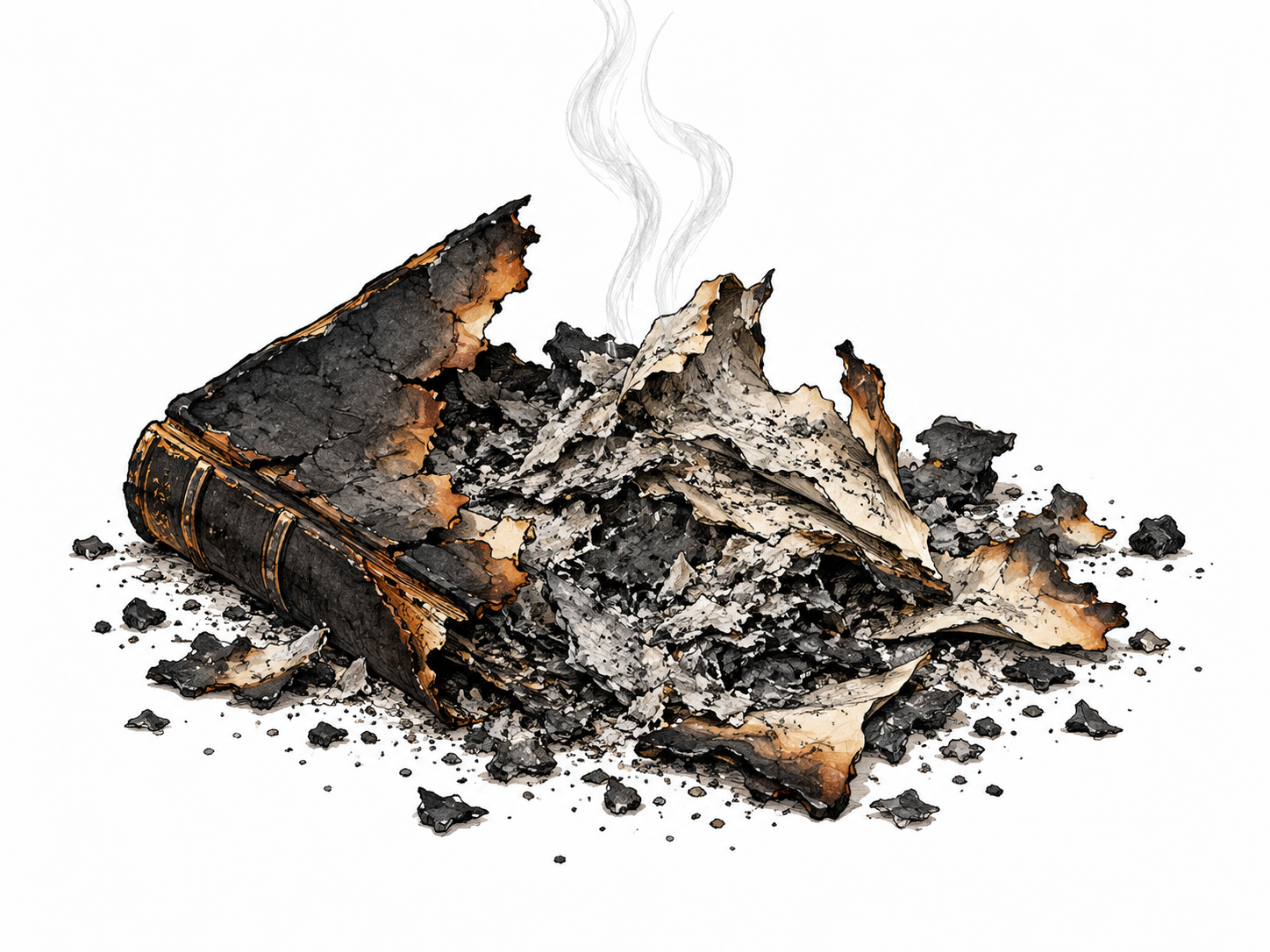 Burned crumbled paper book reduced to ash and charred fragments, clearly impossible to restore original pages, no readable text.