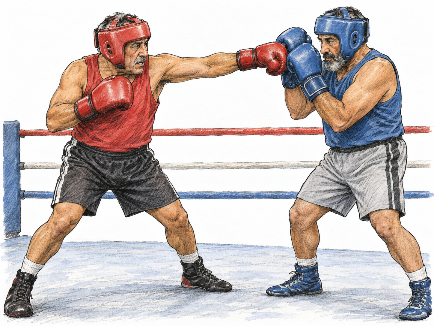 Two similarly aged adult boxers actively fight in a sparring bout: one throws a straight punch while the other blocks it with raised gloves.