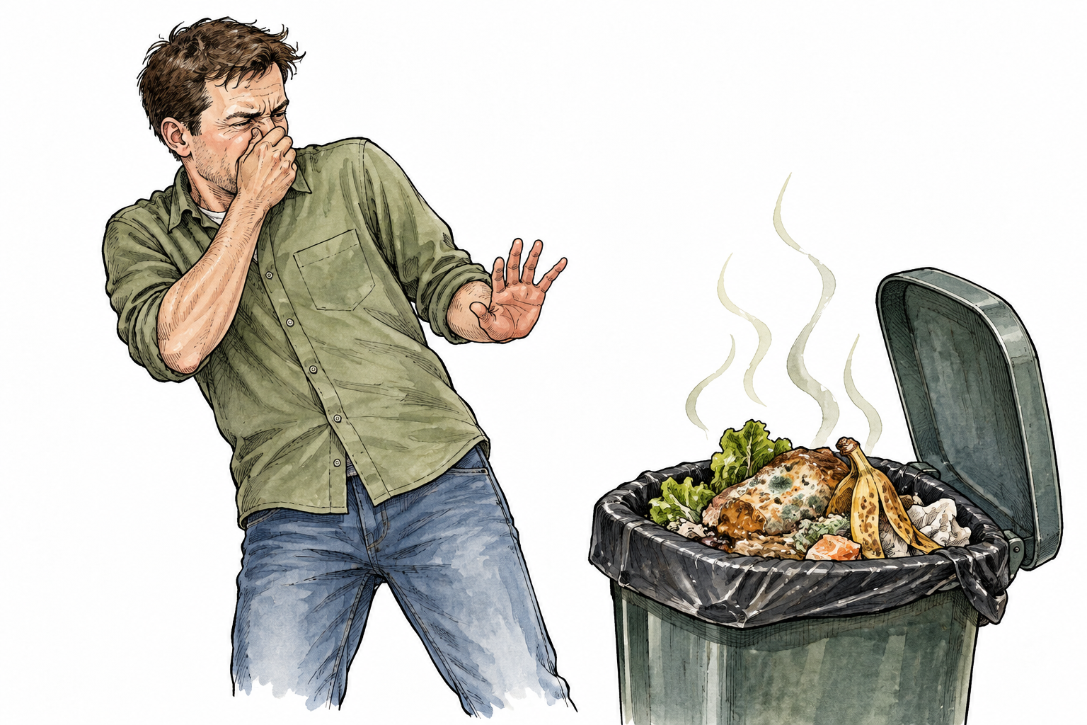 An adult recoils and covers their nose from a small pile of visibly spoiled food in an open bin, disgust recognizable but not grotesque.