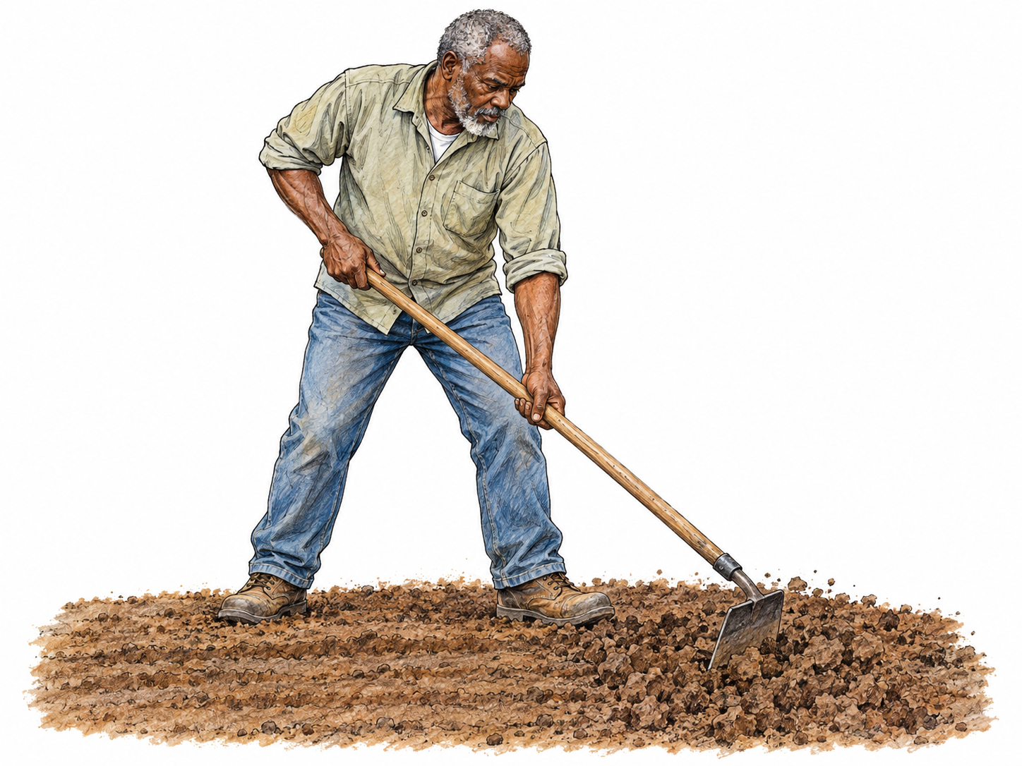 An older Black man uses a long-handled hoe to loosen clods in a small bare planting bed, preparing the soil for crops.