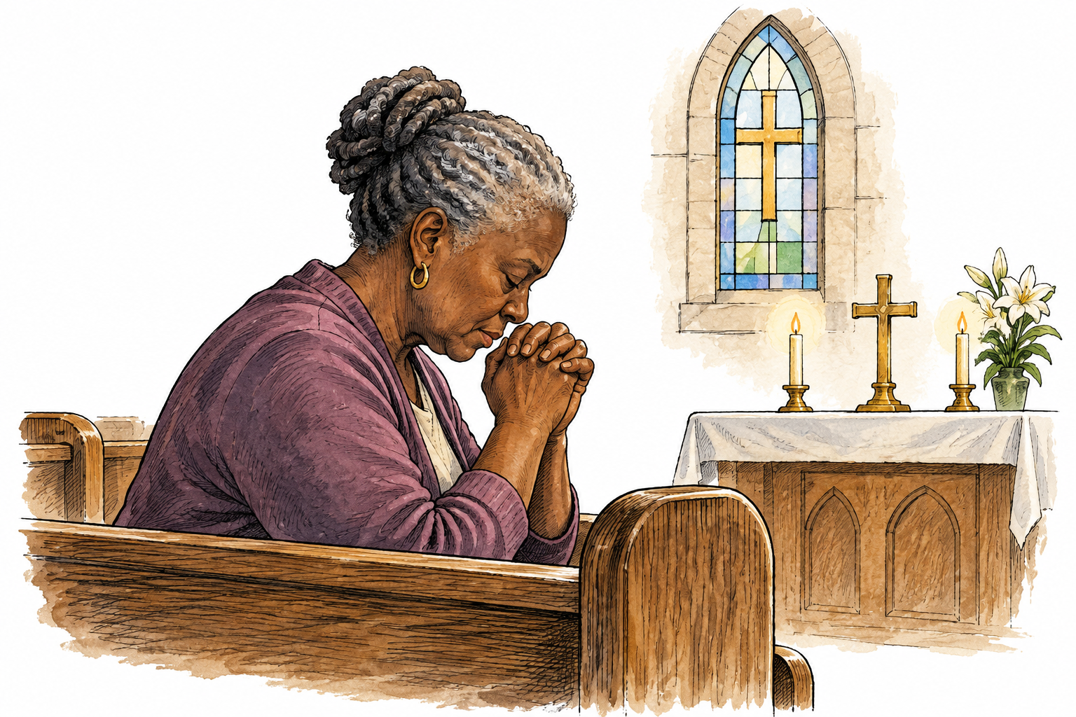 An older Black adult quietly prays with folded hands in a modest chapel.