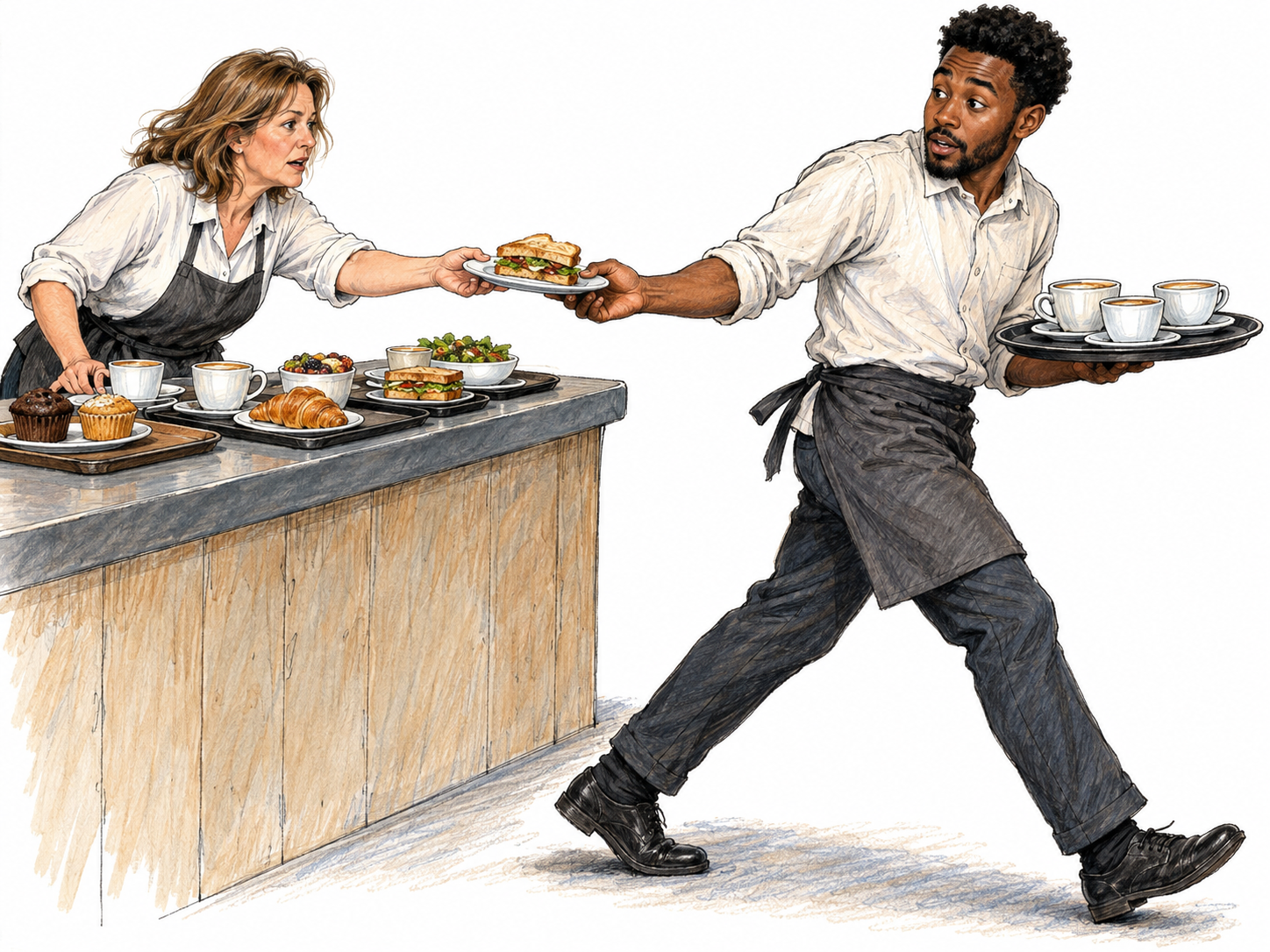 A hectic café service rush: a server hurries with a loaded tray while a coworker simultaneously hands him another order across a crowded pickup counter.
