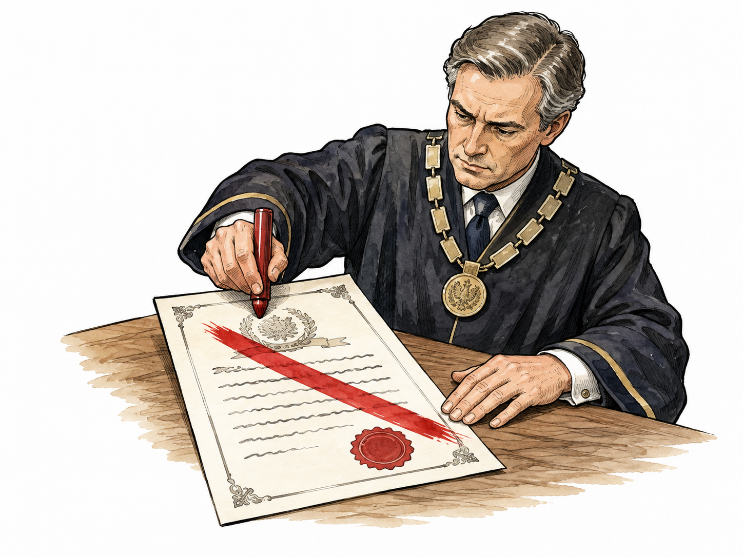 A formal official crosses a bold diagonal line through a previously stamped decree, only abstract writing.