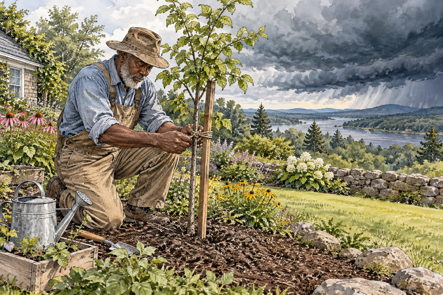 An experienced older gardener wisely supports a young sapling before approaching storm clouds, foresight and practical judgment visible.