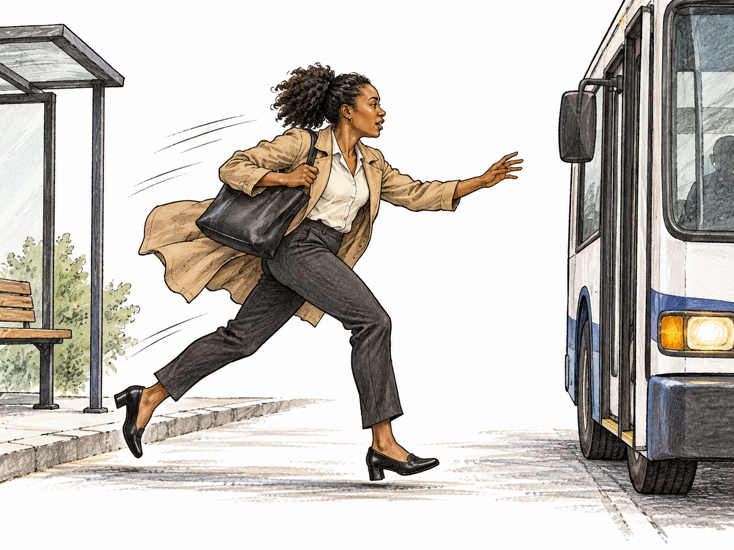 Adult quickens steps to catch an approaching bus, brisk posture and slight pen speed strokes, no bus text.