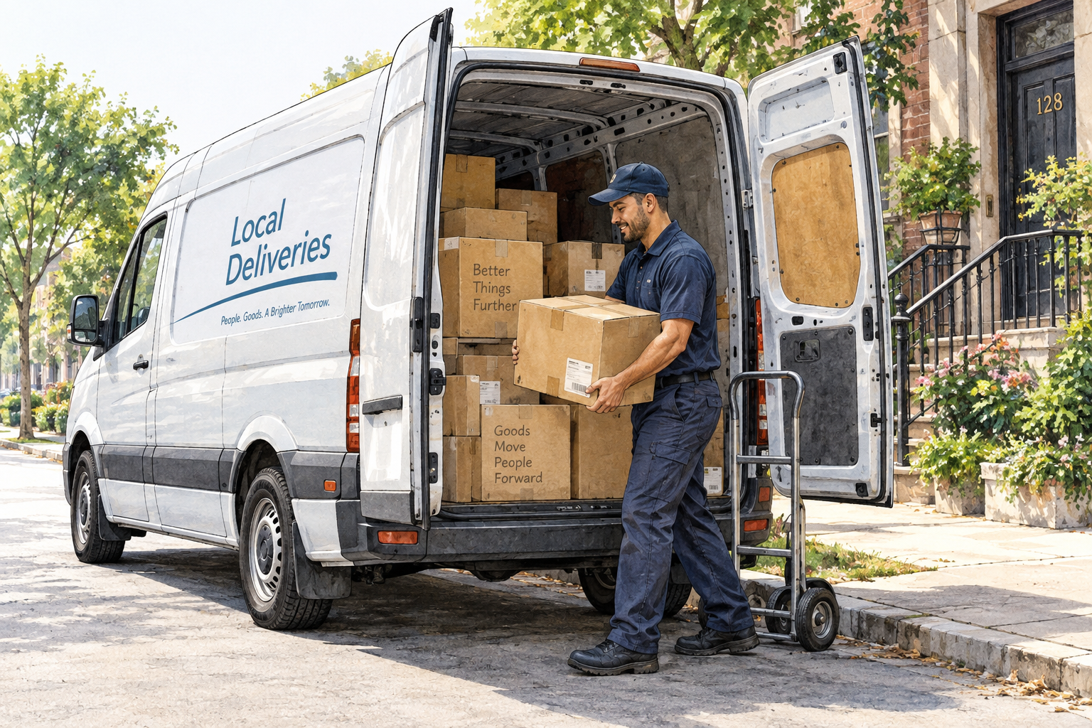 A practical delivery van carrying boxes, clear transport machine.