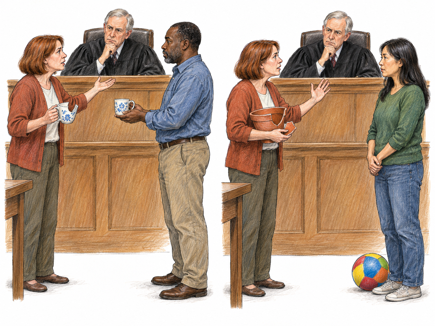 A repeated small-claims litigant: the same woman takes two different minor property disputes before a judge, insistently pressing each case herself.