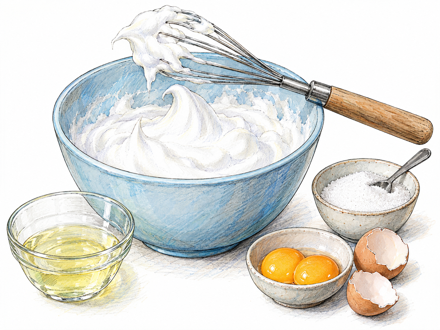 A mixing bowl of glossy white meringue with sharply held peaks and a whisk resting across its rim, accompanied by separated eggs and granulated sugar to distinguish the mixture from whipped cream.