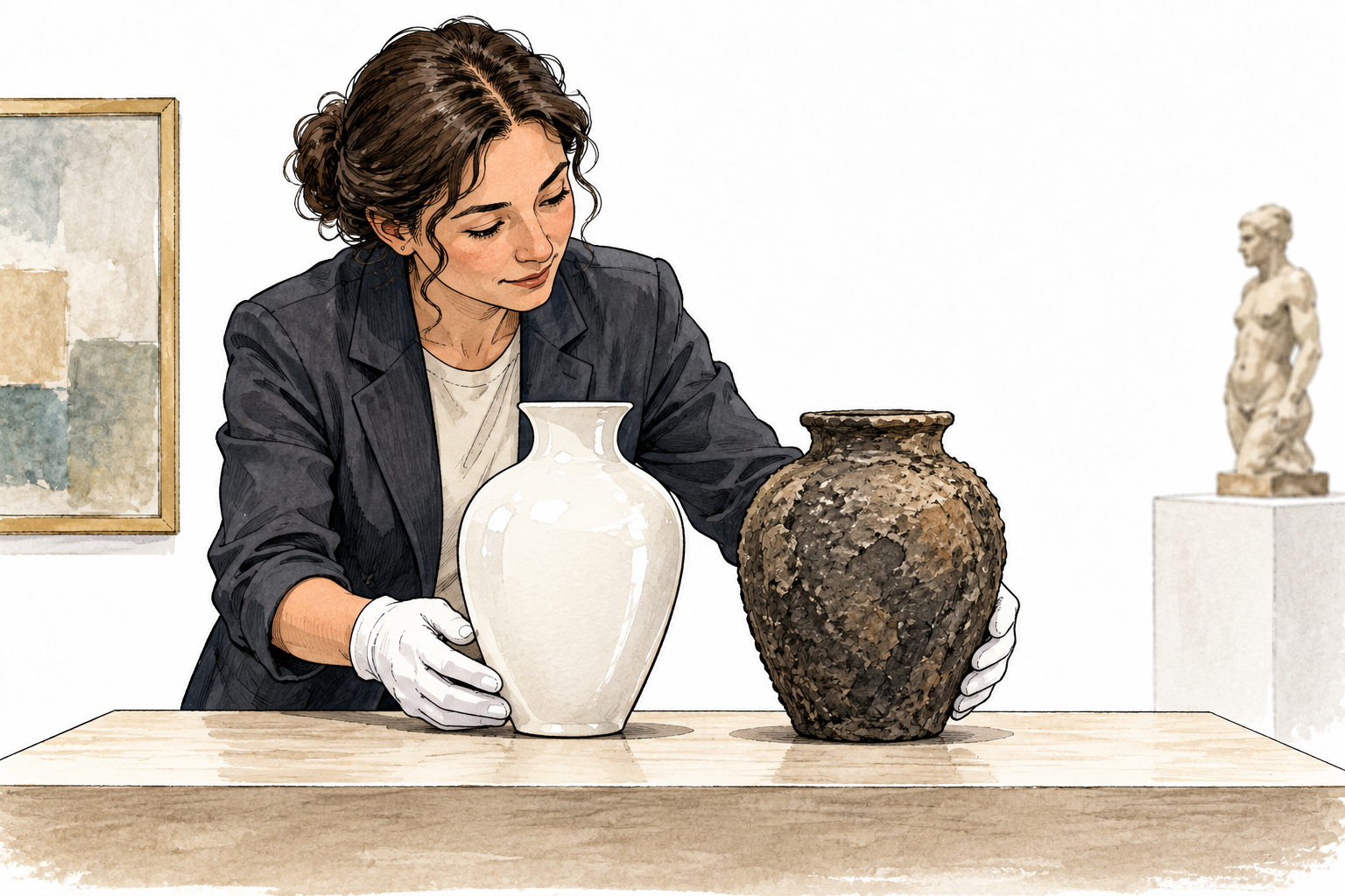 A museum curator places a smooth white vase directly beside a rough dark vase for comparison, uncluttered table, no labels.