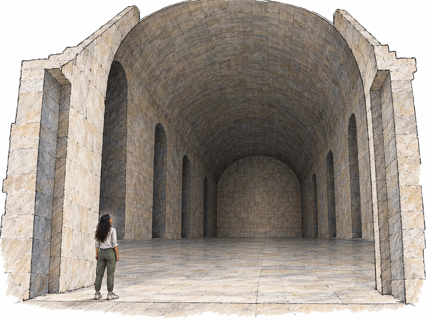 A tiny visitor stands at the entrance to an overwhelmingly vast, empty stone hall.