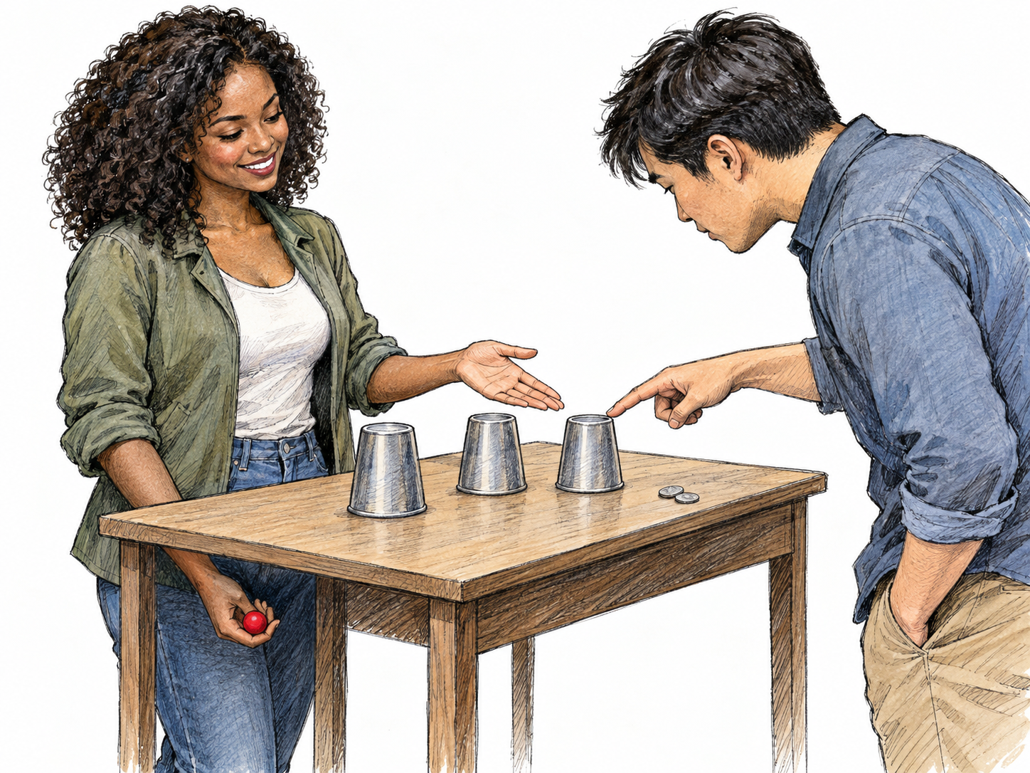 A shell-game operator invites a player to choose among three overturned cups while secretly concealing the game's small red ball below the table edge.