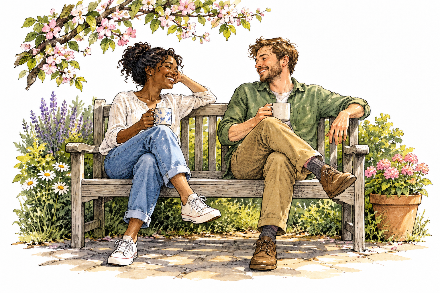 Two friends enjoy a comfortable sunny garden bench beneath flowering branches.