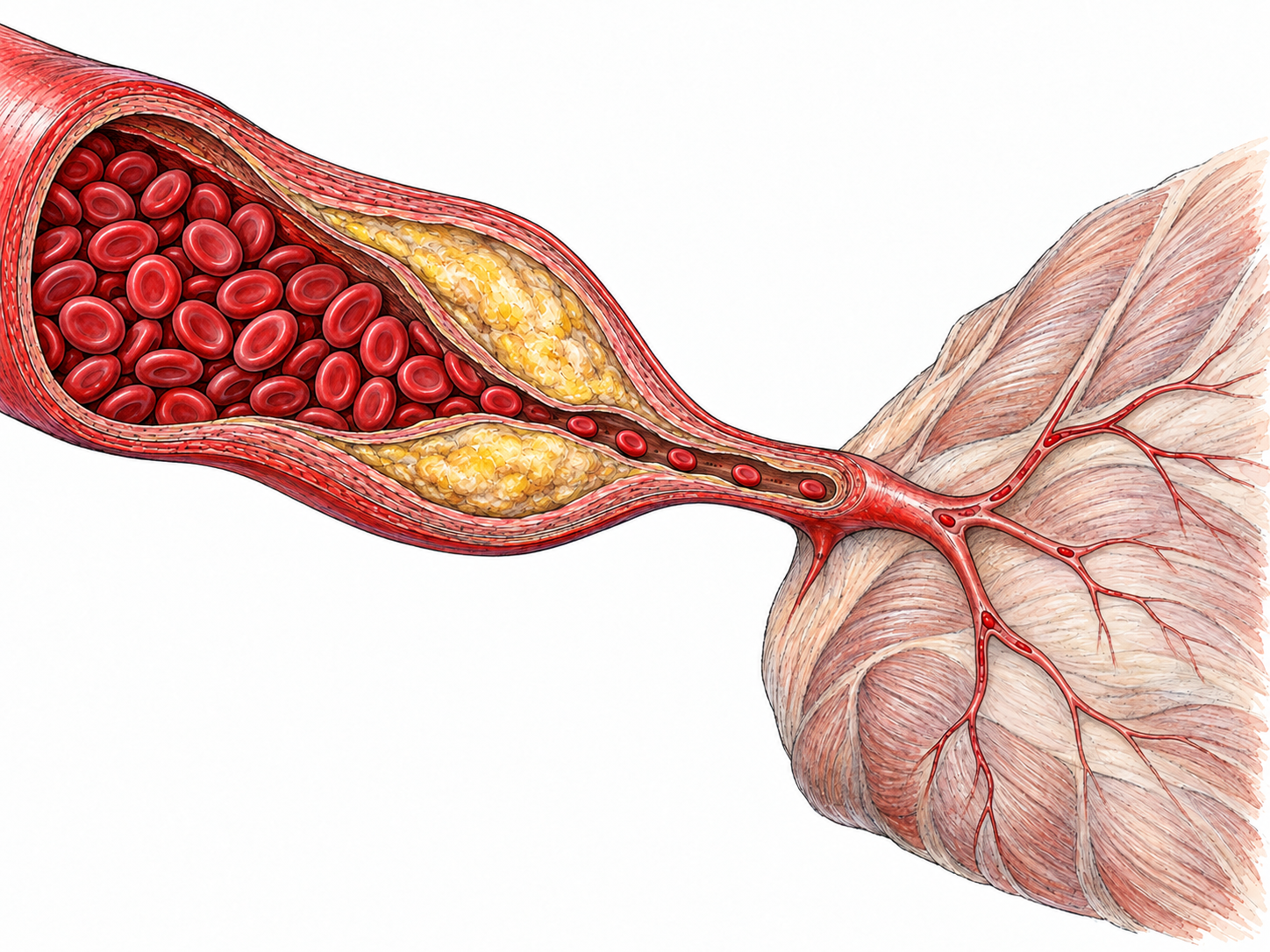 A close anatomical cutaway shows an artery severely narrowed by plaque, with plentiful red blood cells upstream and only a sparse trickle reaching a pale patch of downstream muscle tissue.