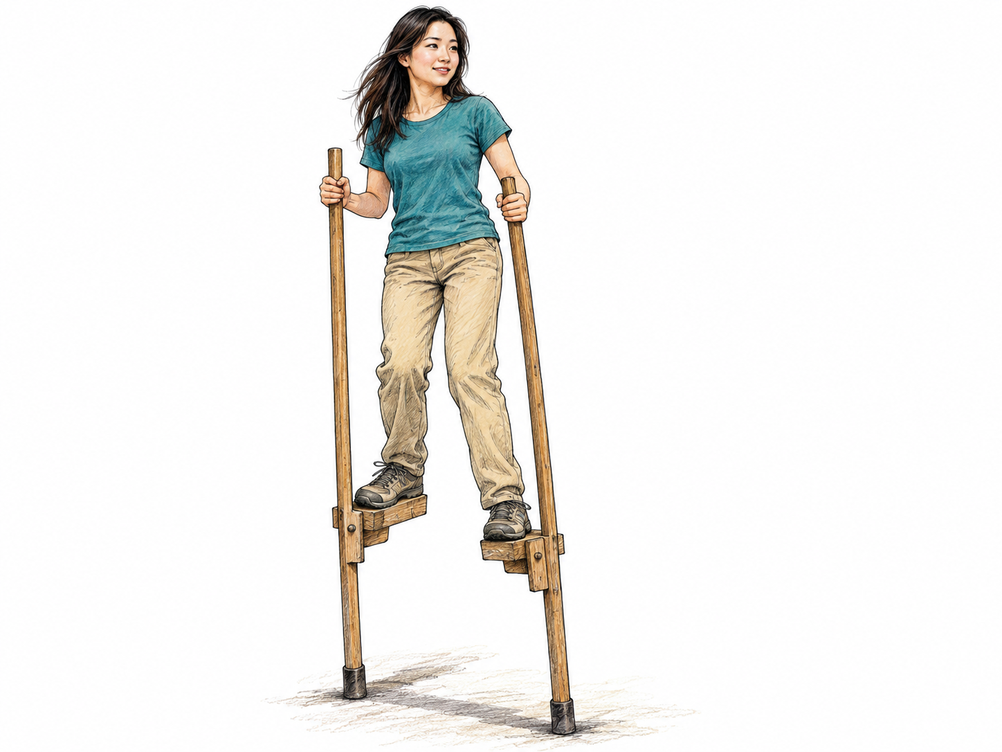 A woman balances on two tall wooden walking stilts, with her feet visibly resting on raised foot blocks and the long poles extending down to the ground.