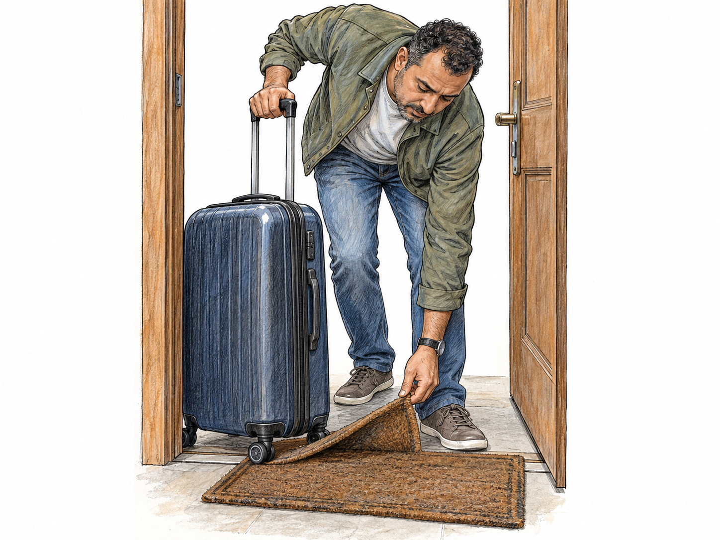 A rolling suitcase briefly stops at a doorway because its small wheel has caught on a curled doormat; its owner bends to free the wheel.