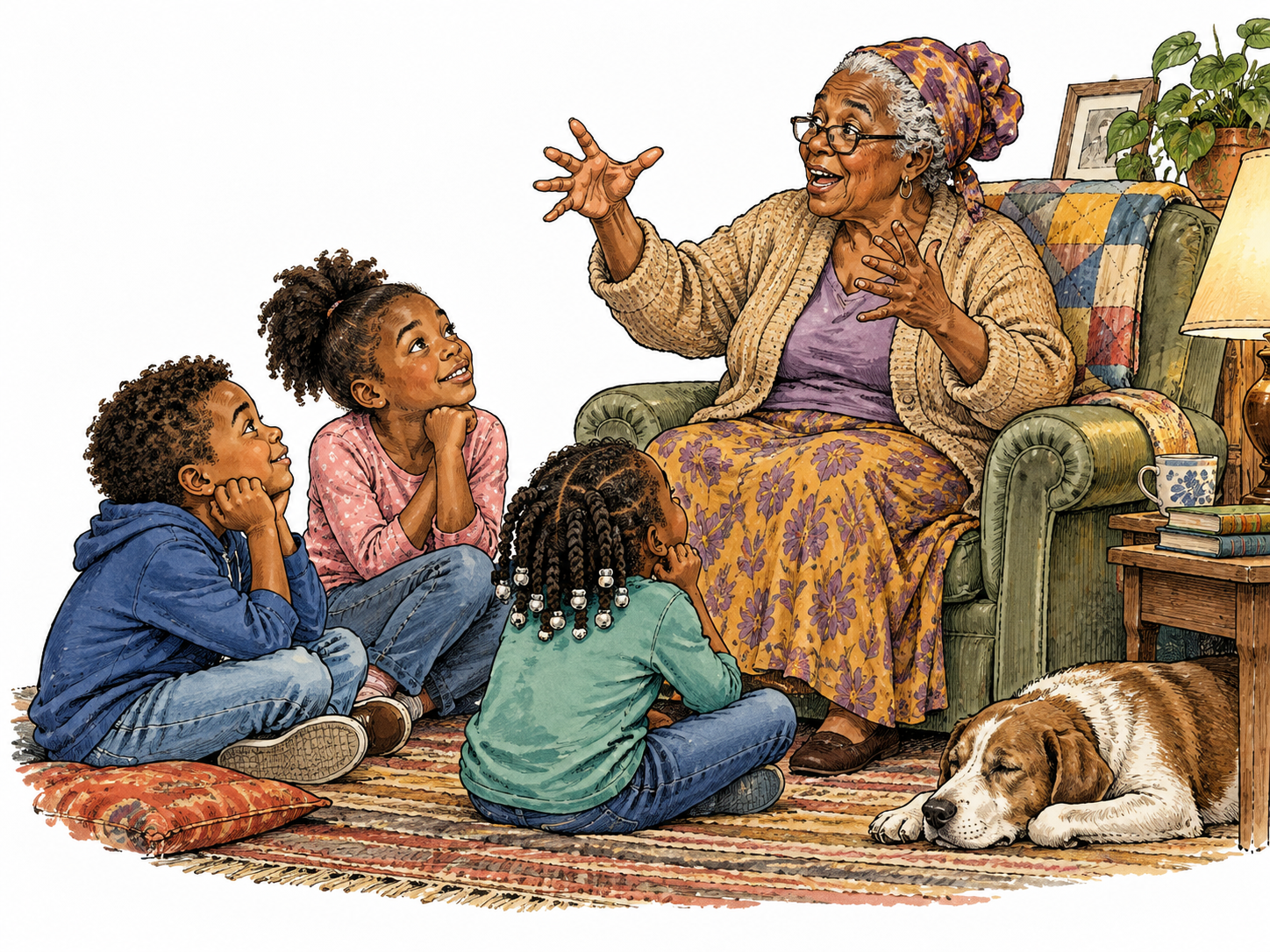 Black grandmother tells children an adventure aloud, expressive hands and attentive listeners.