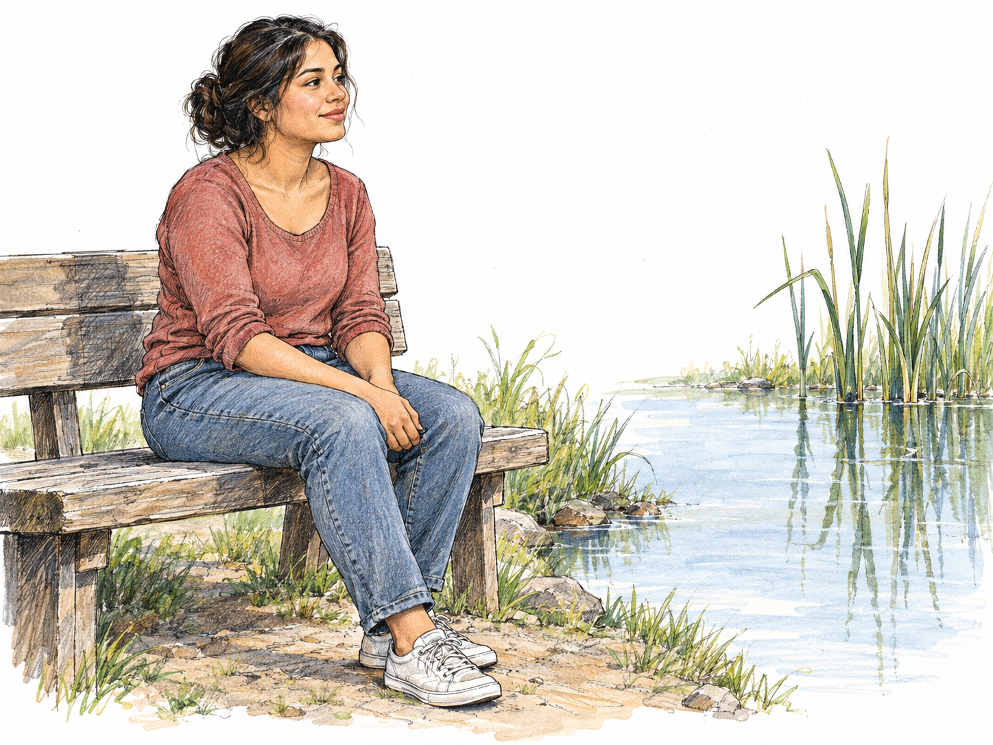 A young woman sits comfortably beside a still pond, her loose posture and soft, contented expression echoed by the quiet water and undisturbed reeds.