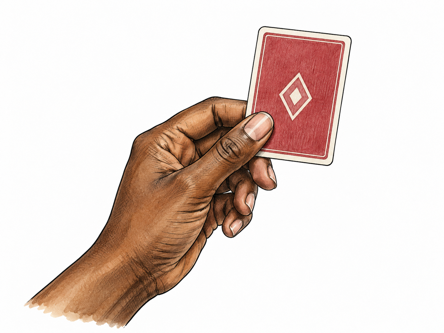 A single stiff playing card held by one hand, plain back with simple geometric diamond motif, clear small rectangular cardstock and rounded corners.