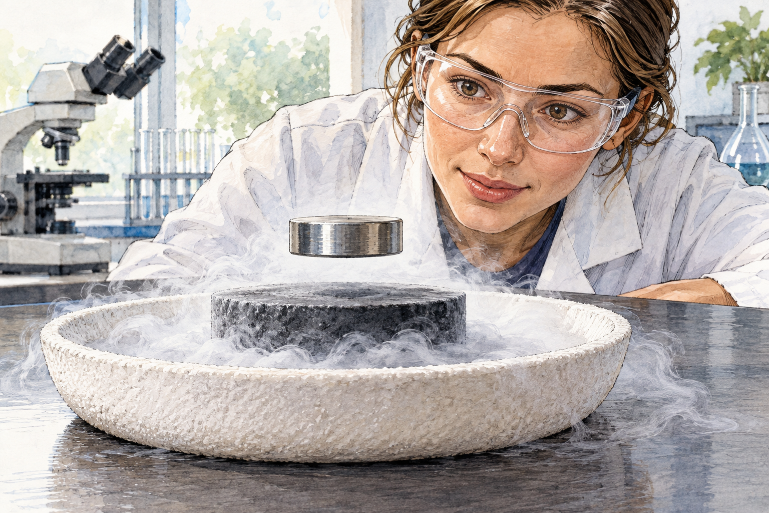 A tabletop physics demonstration: a small disk magnet levitates a short visible distance above a dark superconducting ceramic disk cooled inside a shallow insulated dish with gentle white cold vapor.