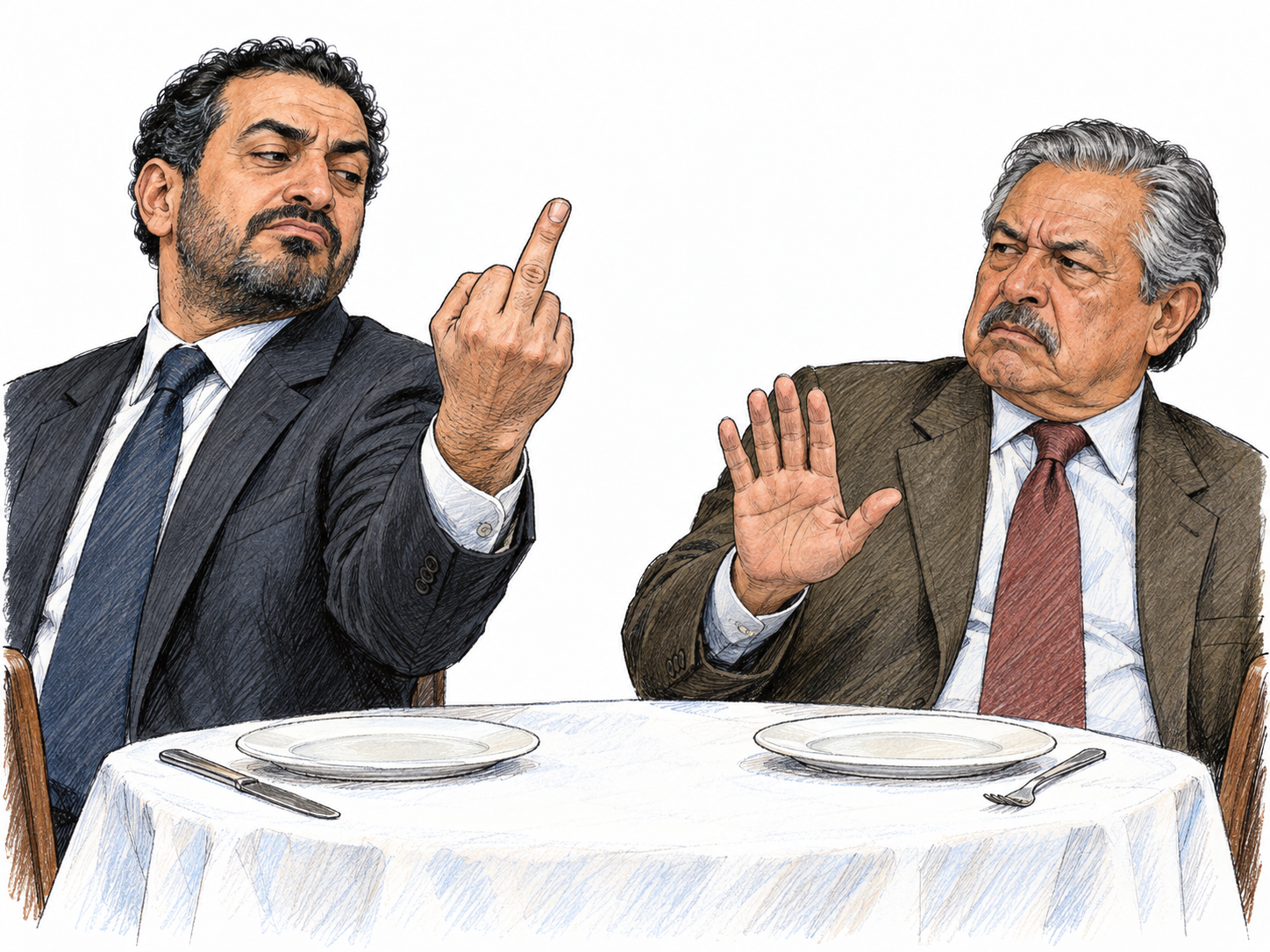 At a formal dinner, a man openly makes an obscene middle-finger gesture across the table while an older guest recoils in offended disapproval.