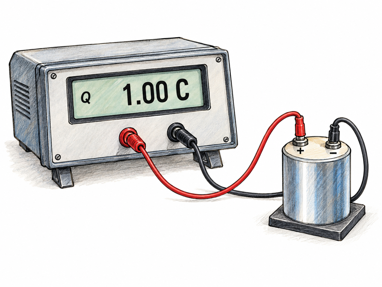 A laboratory charge meter connected to a capacitor displays “1.00 C,” making the unit visible as a measured quantity of electric charge rather than electric current.