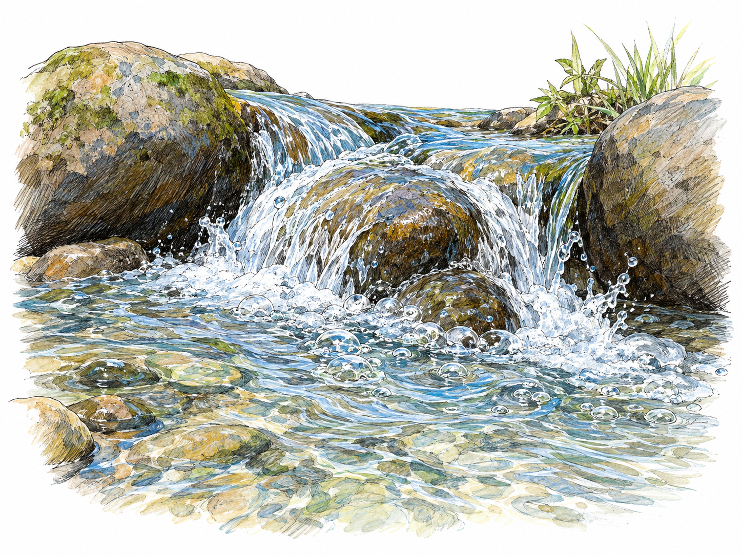 A small clear stream burbles over rounded stones, with visible air bubbles, little splashes and rippling eddies concentrated at a shallow cascade.