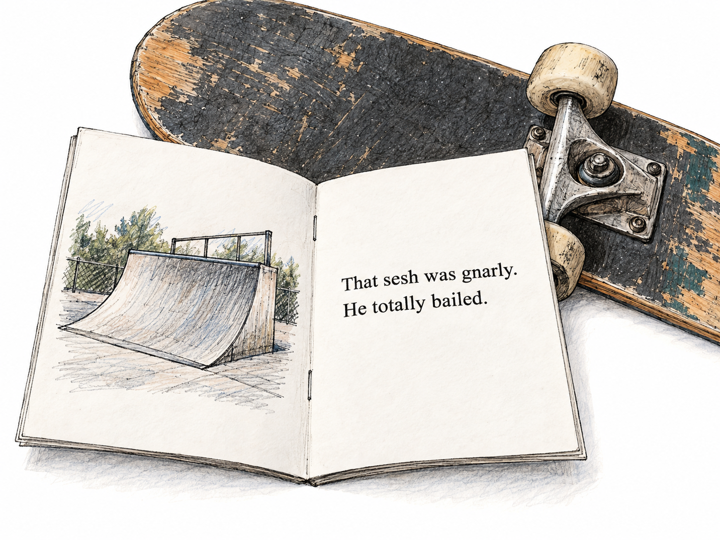Argot: specialized slang used by a particular group, shown through a short authentic skate-community prose specimen in a physical skate zine.