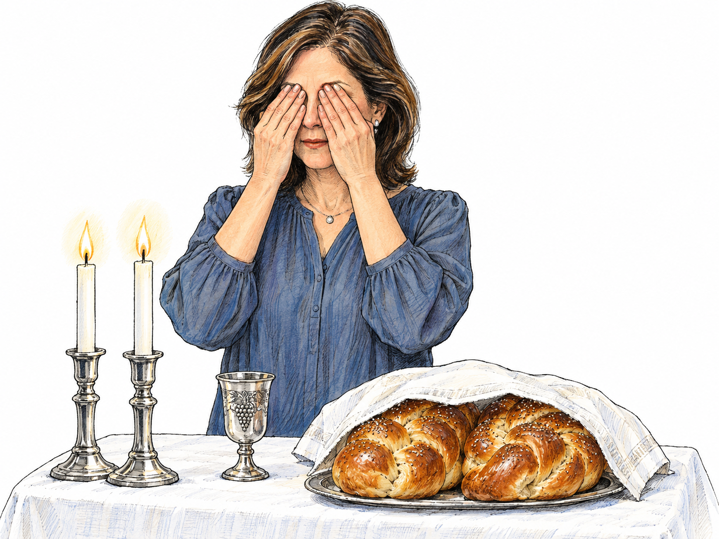 A woman welcoming the Jewish Sabbath at a simply set table, covering her eyes in prayer beside two lit candles, a kiddush cup, and two partially covered braided challah loaves.