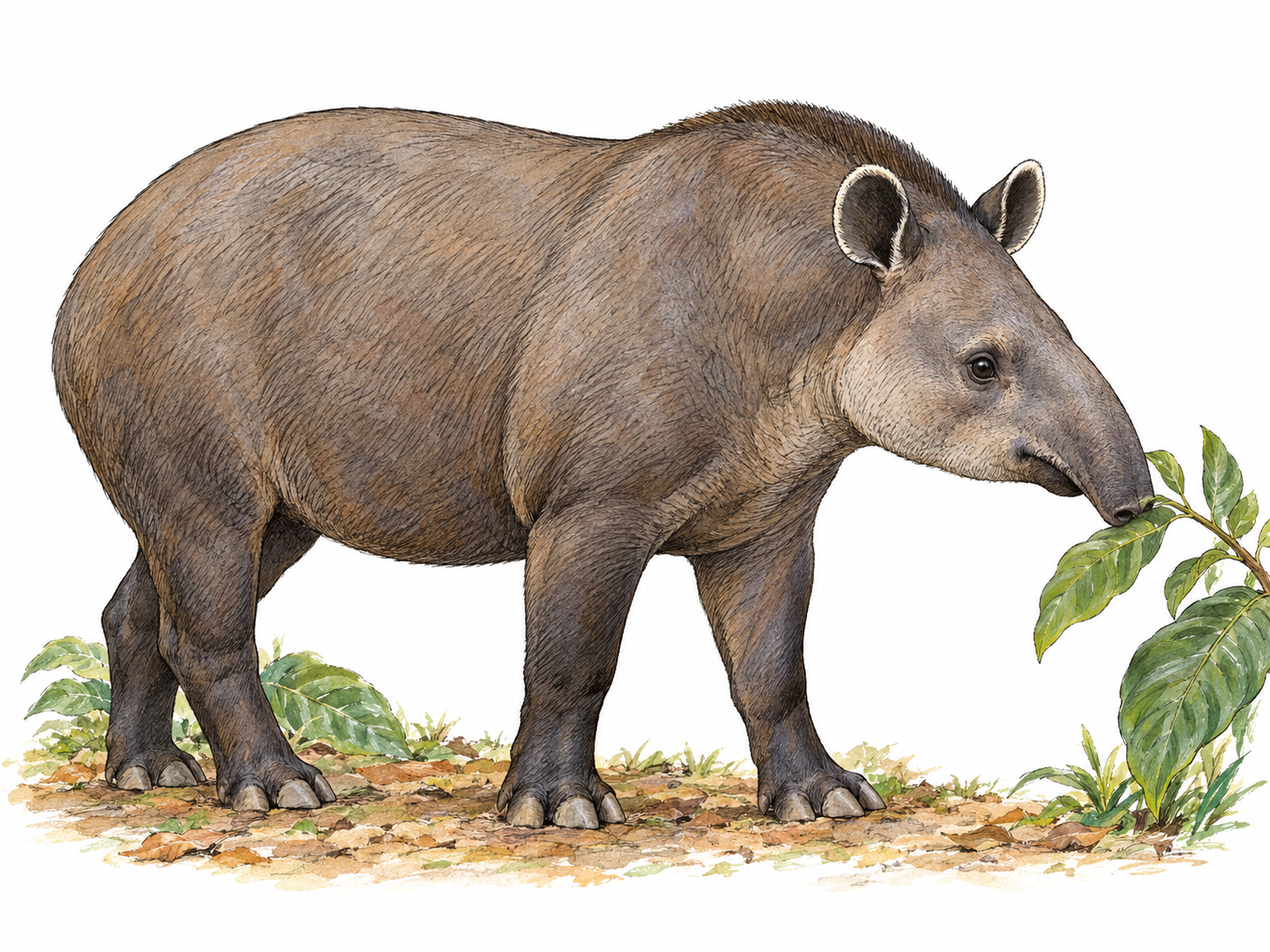 A single adult lowland tapir in three-quarter side view, its short flexible snout reaching toward a leafy tropical sprig, with its heavy body and hoof-like toes clearly visible.