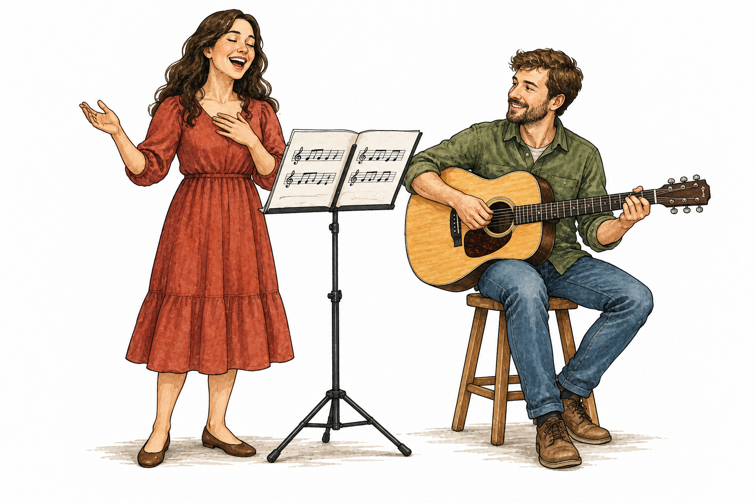 A singer performs a short song from a simple music sheet with staff notes, guitarist accompanying.