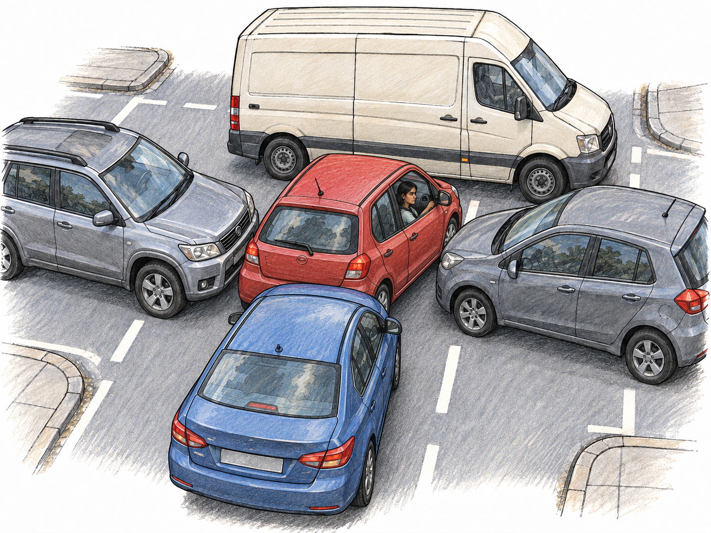 A traffic morass: a driver is stranded inside a tightly interlocked, multidirectional intersection, with vehicles blocking every usable route rather than forming an ordinary queue.