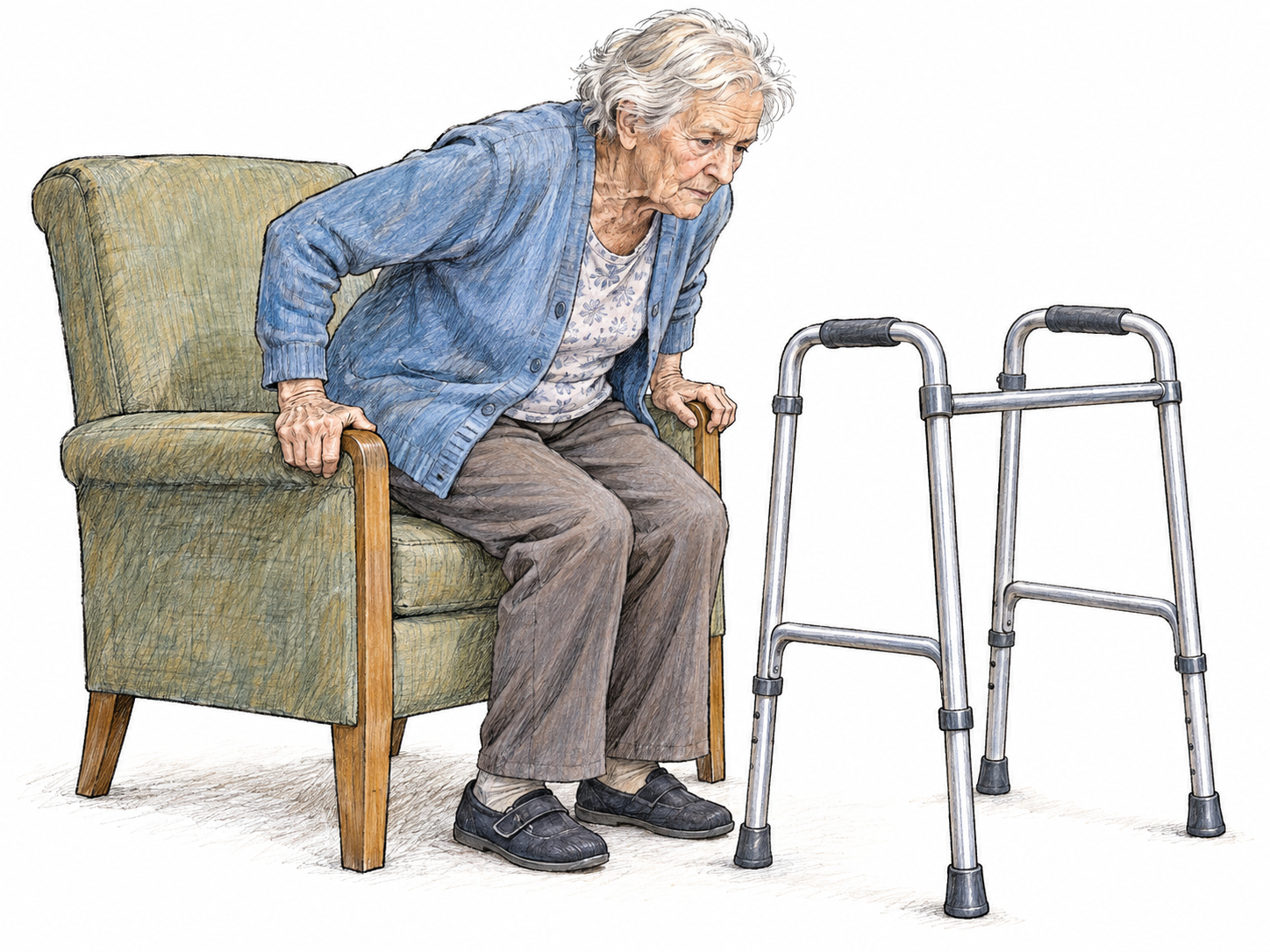 A visibly very elderly, physically frail woman struggles to rise from an armchair, bracing both hands on its arms.