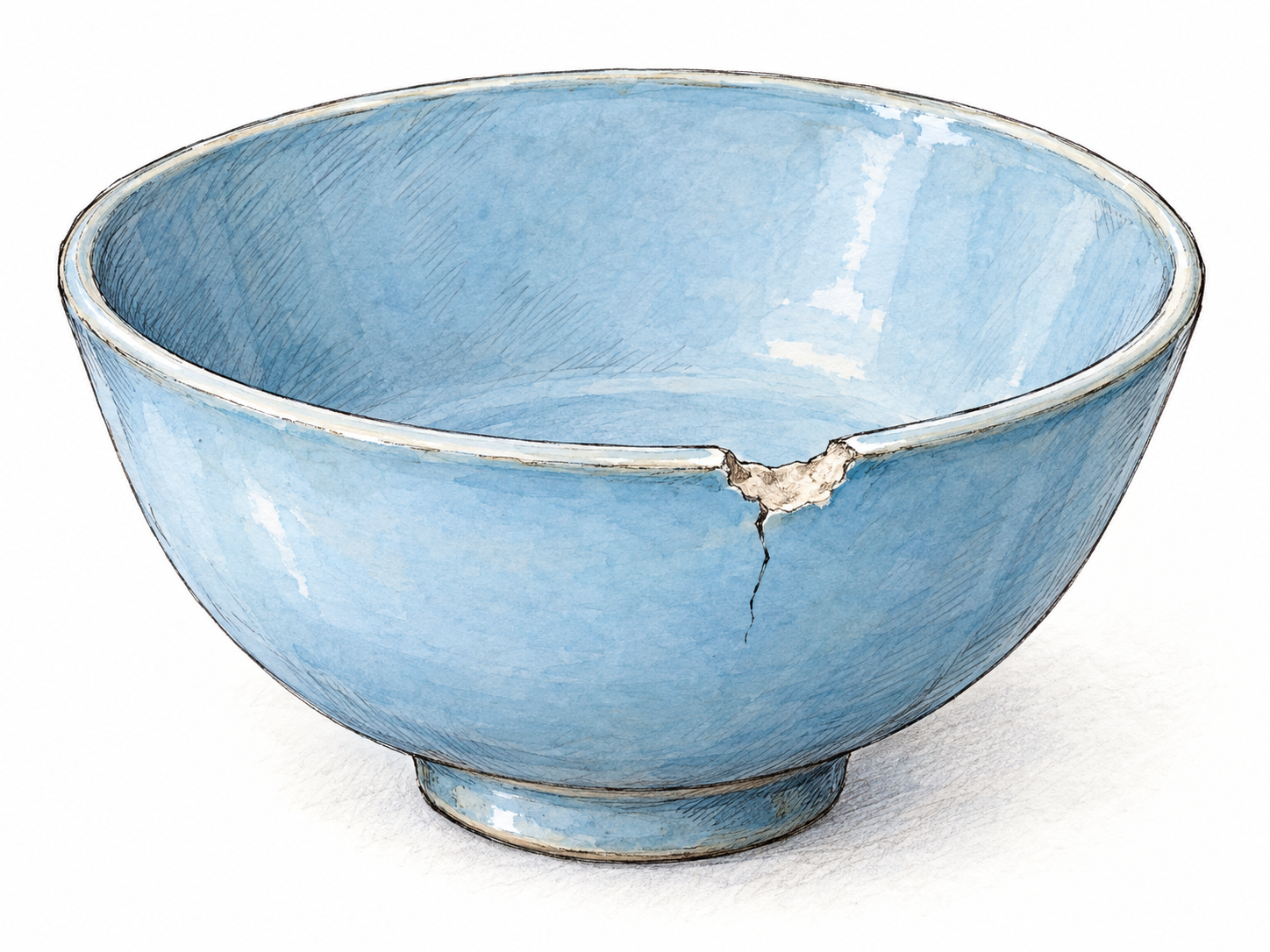 A single otherwise well-made ceramic bowl has a conspicuous chipped rim and a short crack extending down its side, making its imperfection immediately visible.