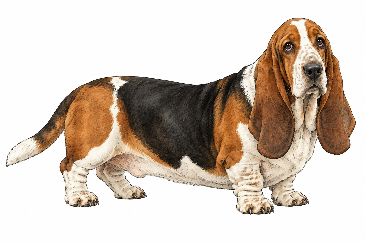 Basset hound with very short legs, long drooping ears, heavy elongated body, tricolor coat.