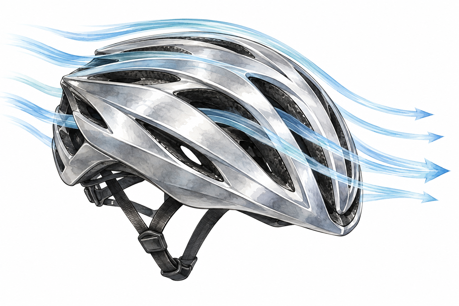 Streamlined silver racing bicycle helmet with smooth air-flow lines curving around it, air moves efficiently.